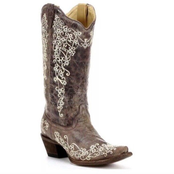 Corral Distressed Brown Cowgirl Boots Bone Embroidery 7.5 Western Cowboy Boho - Picture 1 of 16